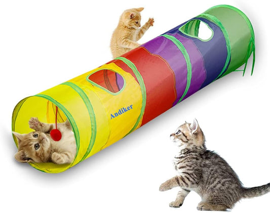 45" Rainbow Collapsible Cat Tunnel – Interactive Play & Exercise Tube with Toy Ball & Peek Holes for Indoor Cats & Small Pets