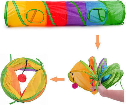 45" Rainbow Collapsible Cat Tunnel – Interactive Play & Exercise Tube with Toy Ball & Peek Holes for Indoor Cats & Small Pets