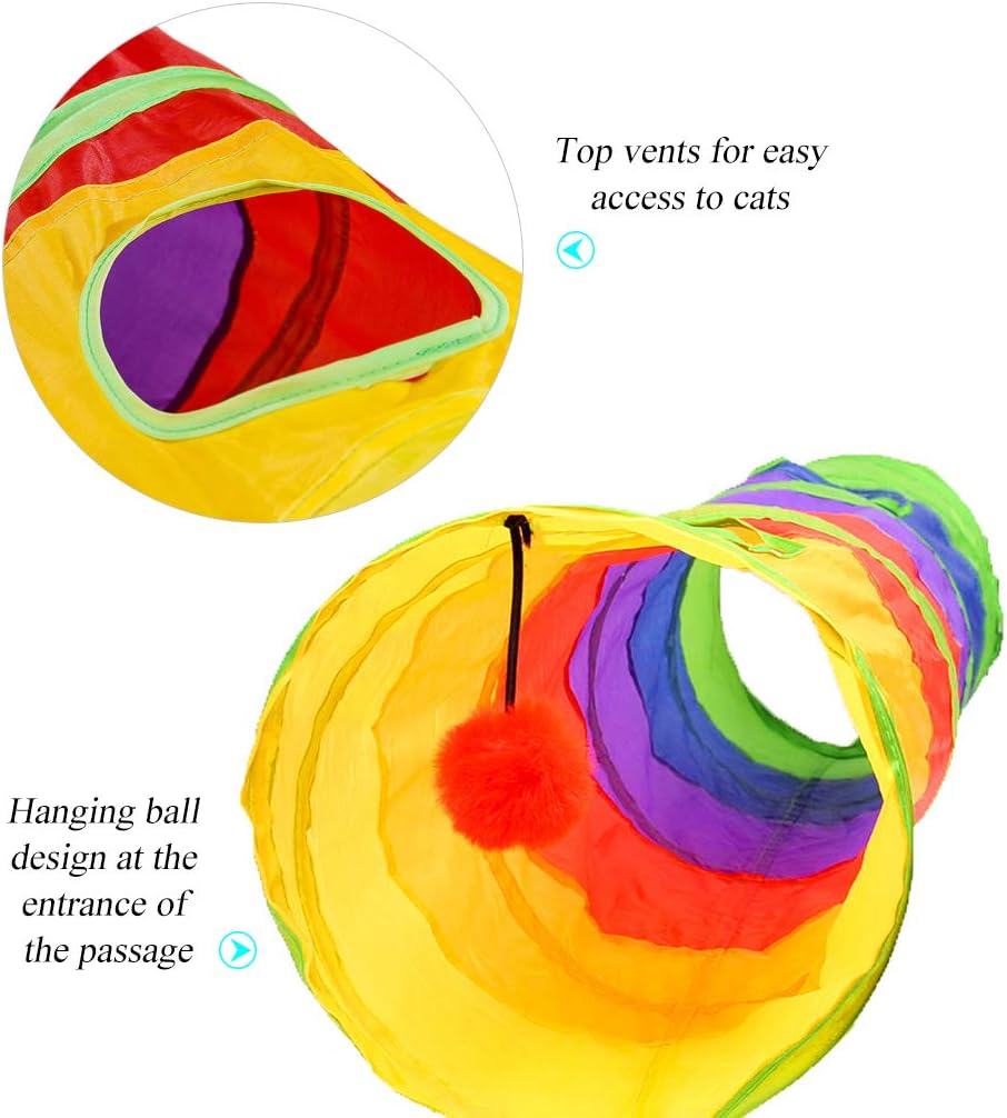 45" Rainbow Collapsible Cat Tunnel – Interactive Play & Exercise Tube with Toy Ball & Peek Holes for Indoor Cats & Small Pets