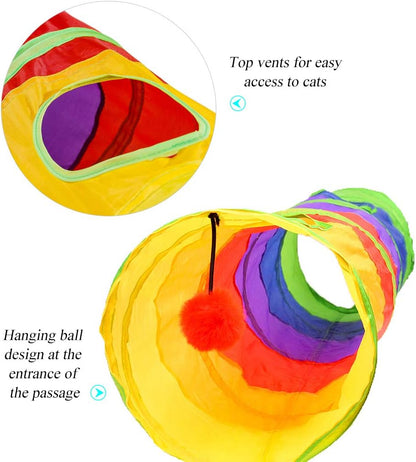 45" Rainbow Collapsible Cat Tunnel – Interactive Play & Exercise Tube with Toy Ball & Peek Holes for Indoor Cats & Small Pets