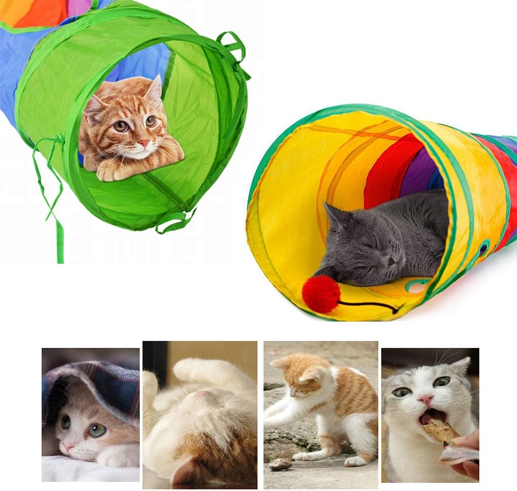 45" Rainbow Collapsible Cat Tunnel – Interactive Play & Exercise Tube with Toy Ball & Peek Holes for Indoor Cats & Small Pets