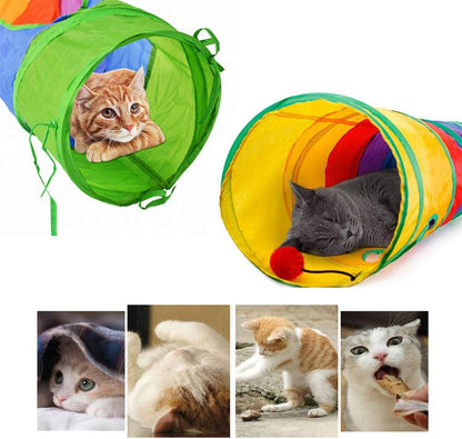 45" Rainbow Collapsible Cat Tunnel – Interactive Play & Exercise Tube with Toy Ball & Peek Holes for Indoor Cats & Small Pets